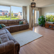 Real estate photography of a sunlit living room with sofa, plants, and full garden view through tall windows