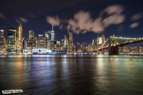 landscape photography of New York City at night with Brooklyn Bridge