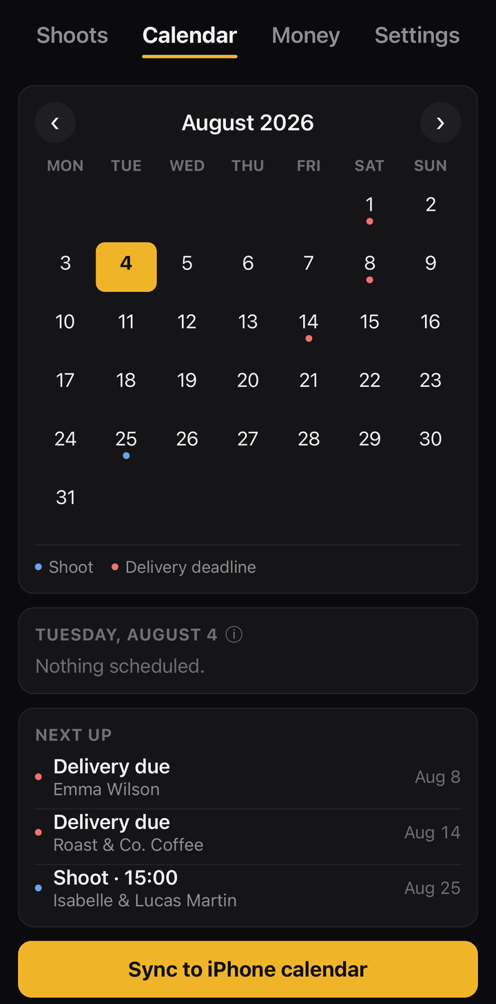 Shoot Delivery Tracker calendar view showing photo shoots and delivery deadlines across a month