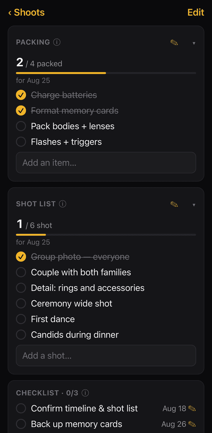 Shoot Delivery Tracker showing a photo shoot's packing list, shot list and delivery checklist with items ticked off
