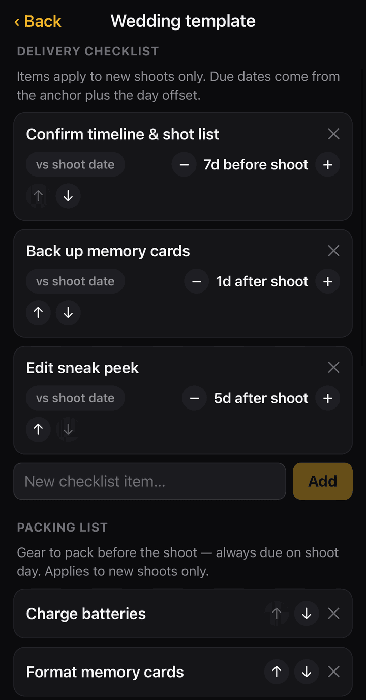 Shoot Delivery Tracker settings screen for editing the checklist template belonging to a shoot type