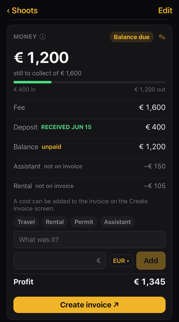 Shoot Delivery Tracker money card for a photo shoot showing fee, deposit received, balance outstanding, costs and profit