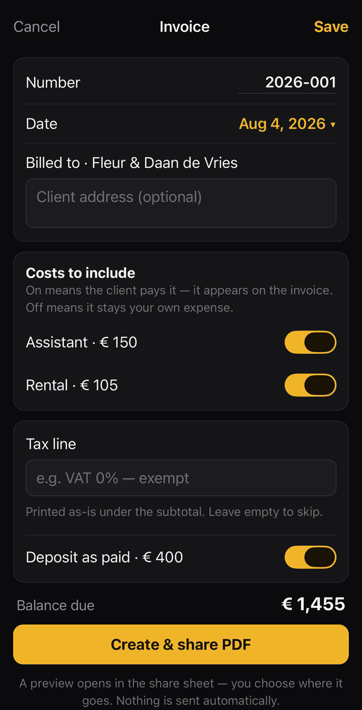 Shoot Delivery Tracker invoice screen with a switch beside each logged cost to bill it to the client or absorb it