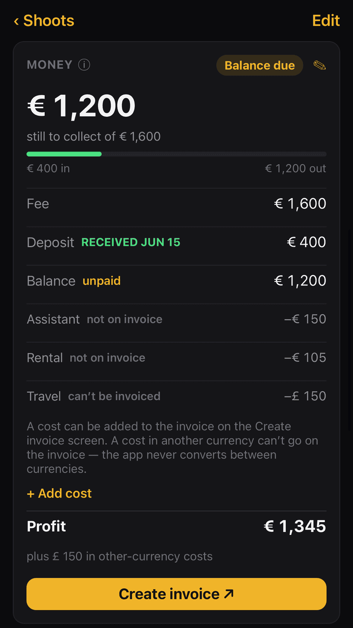 Shoot Delivery Tracker money card showing costs in two different currencies grouped and totalled separately