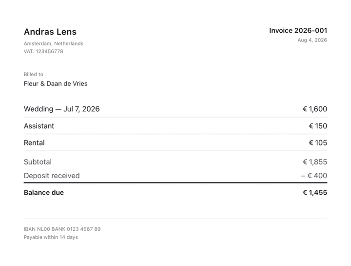 A finished PDF invoice generated by Shoot Delivery Tracker showing business details, itemised costs, deposit received and balance due
