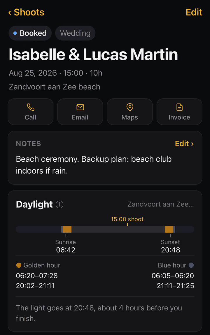 Shoot Delivery Tracker daylight card showing sunrise, sunset, golden hour and blue hour on a sun timeline
