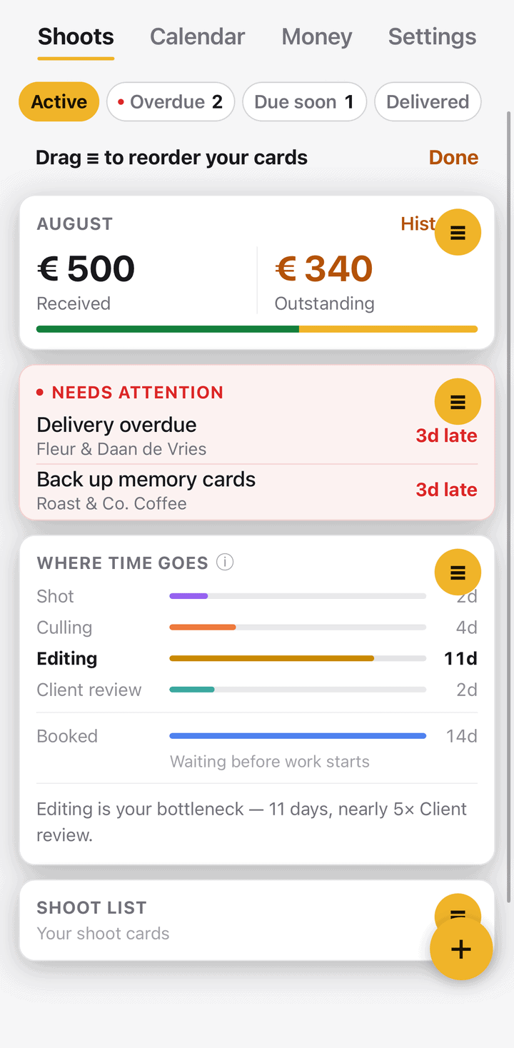 Shoot Delivery Tracker in its light day theme with cards being rearranged by dragging