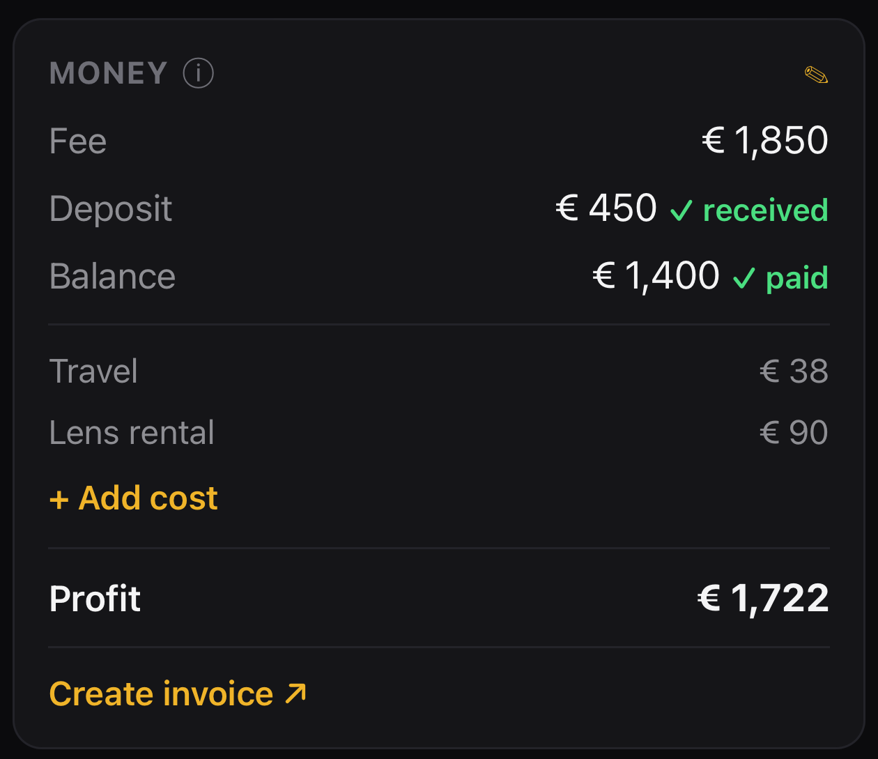 Shoot Delivery Tracker money card for a single photo shoot showing fee, deposit, balance, costs and profit